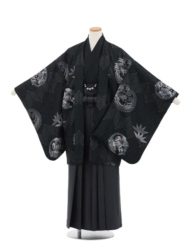 かんたん着付小学生男児袴ﾚﾝﾀﾙZ729 黒地丸紋龍×チェコールグレー