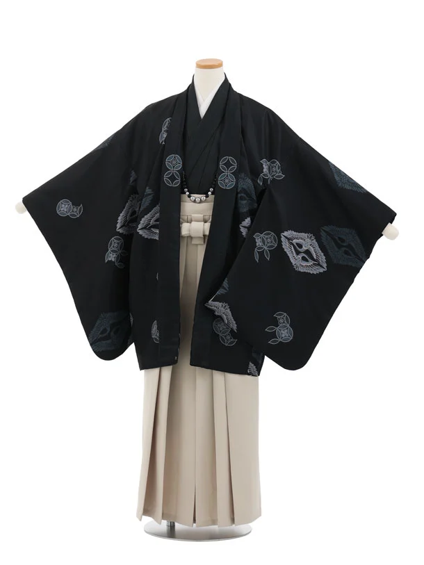 かんたん着付小学生男児袴ﾚﾝﾀﾙZ731 黒地向鶴×ベージュ