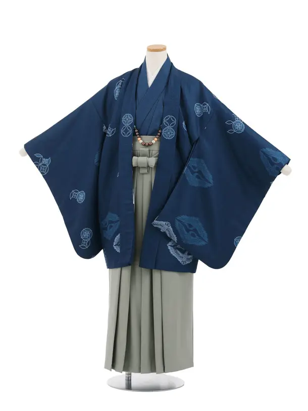 かんたん着付小学生男児袴ﾚﾝﾀﾙZ732 薄紺向鶴×グレー