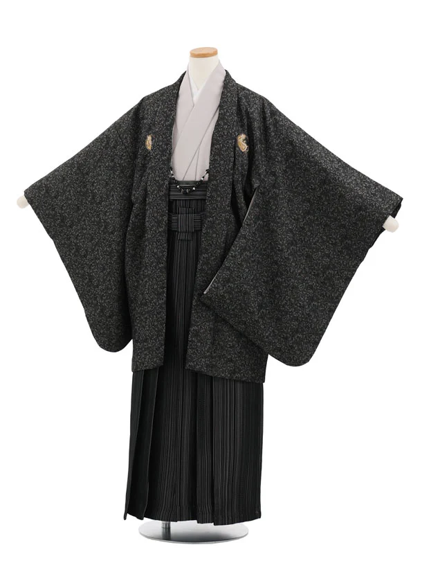 かんたん着付小学生男児袴ﾚﾝﾀﾙZ735 黒地ラメしゃれ紋×黒ストライプ