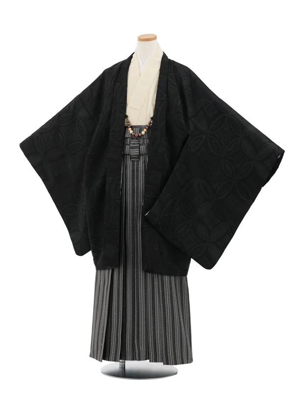 かんたん着付小学生男児袴ﾚﾝﾀﾙZ738 黒地七宝×グレーシルバー縞