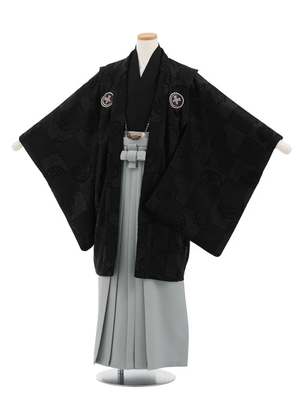 ｼﾞｭﾆｱ袴男児Z747 華徒然 華徒然 黒市松しゃれ紋×グレー袴