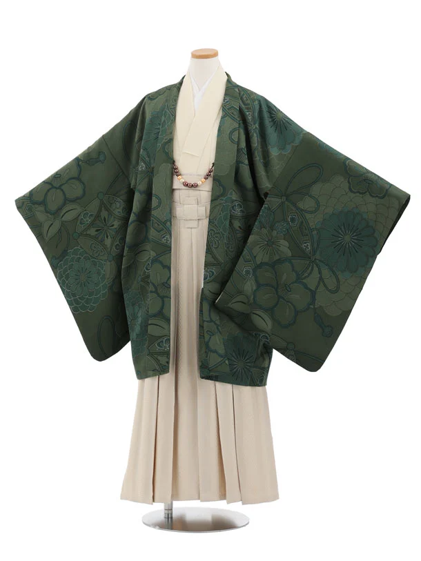 かんたん着付小学生男児袴ﾚﾝﾀﾙZ751 緑七宝椿×ベージュラメ