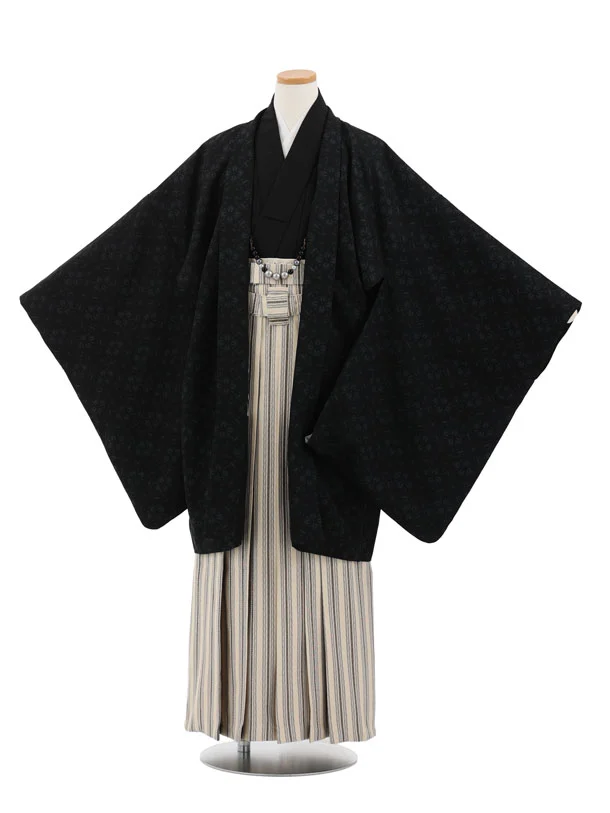 かんたん着付小学生男児袴ﾚﾝﾀﾙZ752  黒地花菱×ベージュストライプ