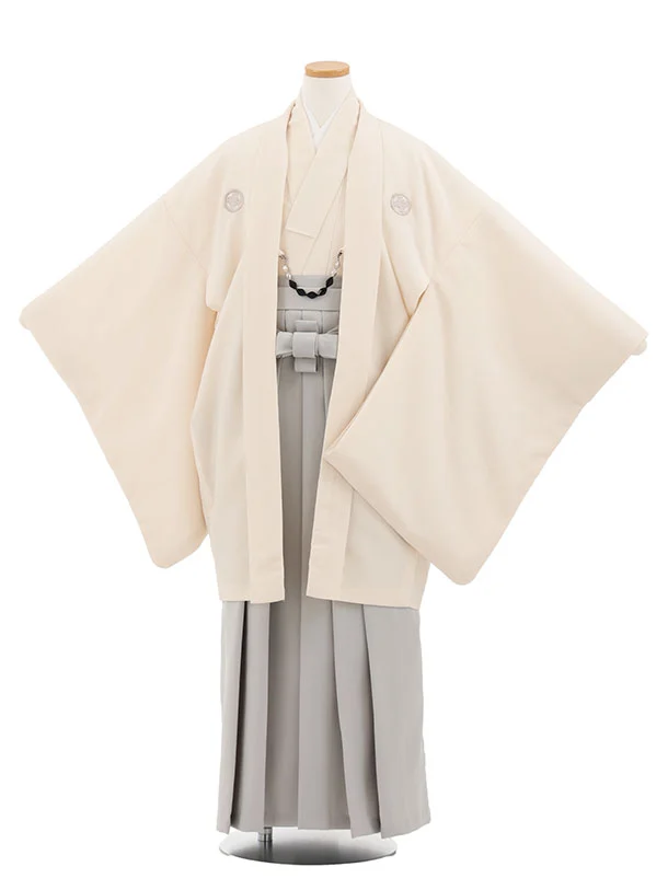かんたん着付小学生男児袴ﾚﾝﾀﾙZ771 クリーム紋付×グレー
