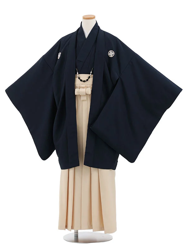 かんたん着付小学生男児袴ﾚﾝﾀﾙZ772 紺紋付×クリームベージュ