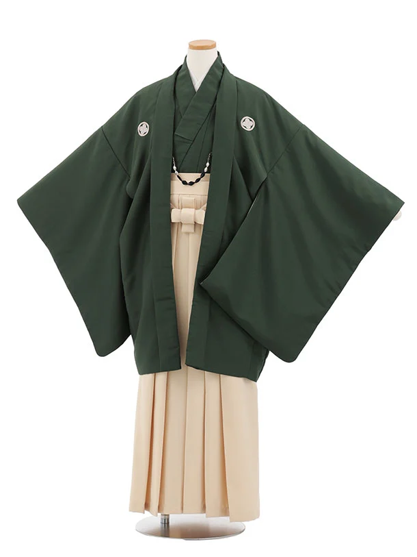 かんたん着付小学生男児袴ﾚﾝﾀﾙZ775 カーキグリーン紋付×クリームベージュ