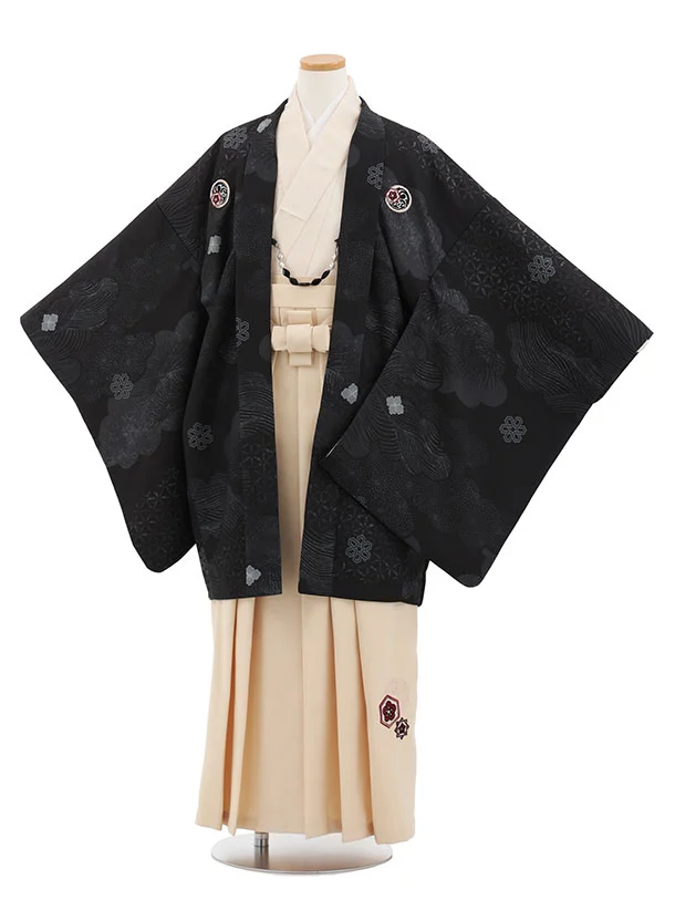 かんたん着付小学生男児袴ﾚﾝﾀﾙZ776 黒雲取りしゃれ紋×クリームベージュ