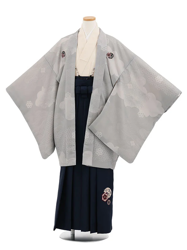 かんたん着付小学生男児袴ﾚﾝﾀﾙZ779 グレー雲取りしゃれ紋×紺