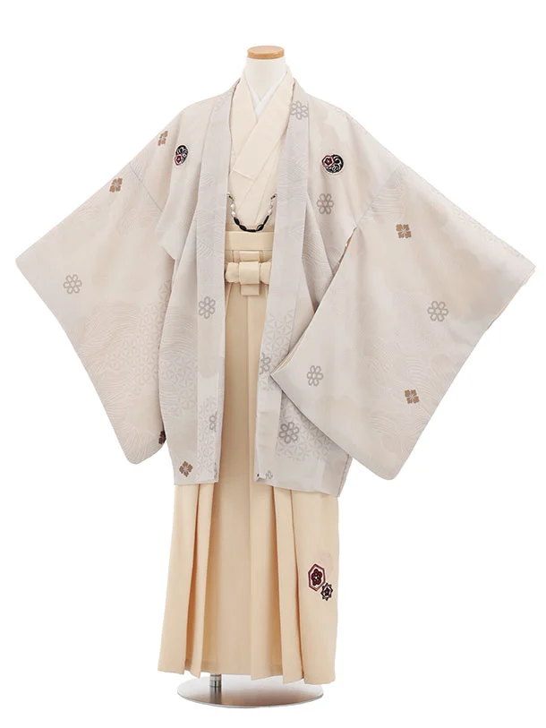 かんたん着付小学生男児袴ﾚﾝﾀﾙZ780 薄ベージュ雲取りしゃれ紋×ベージュ