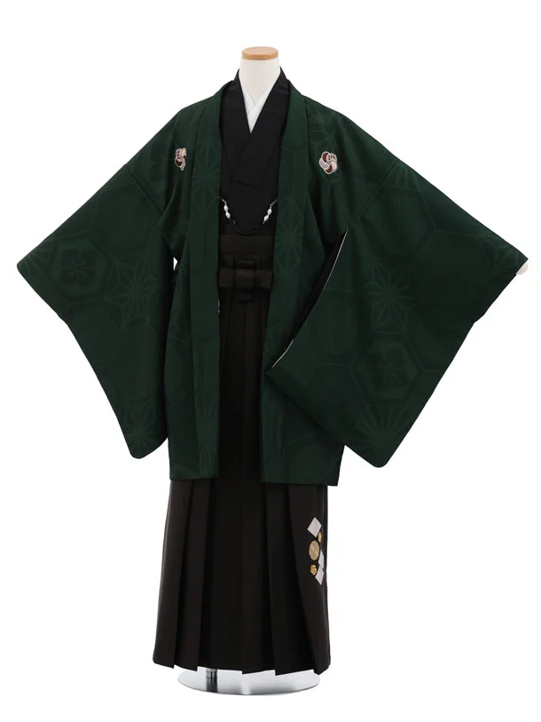 小学生男児袴ﾚﾝﾀﾙZ884 小町Kids グリーン亀甲しゃれ紋×茶