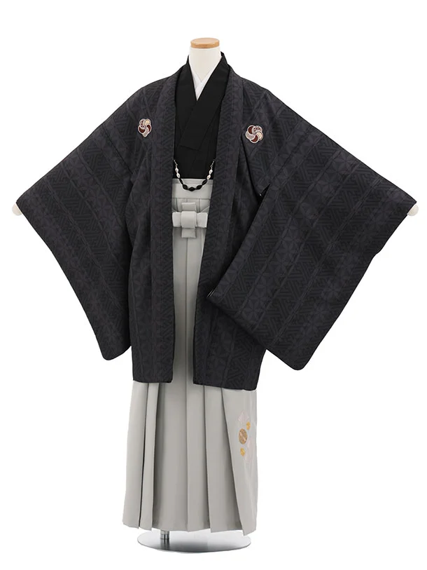 小学生男児袴ﾚﾝﾀﾙZ886 小町Kids ブラウン紗綾形しゃれ紋×グレー