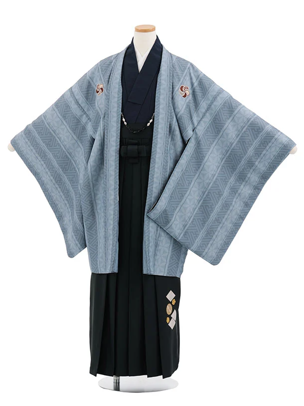 小学生男児袴ﾚﾝﾀﾙZ887 小町Kids グレー紗綾形しゃれ紋×黒