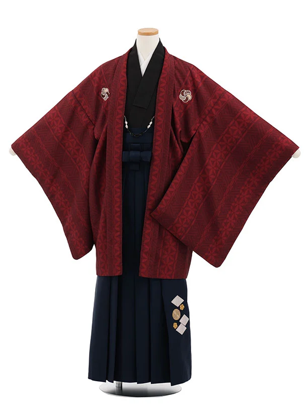 小学生男児袴ﾚﾝﾀﾙZ889 小町Kids 赤茶紗綾形しゃれ紋×紺