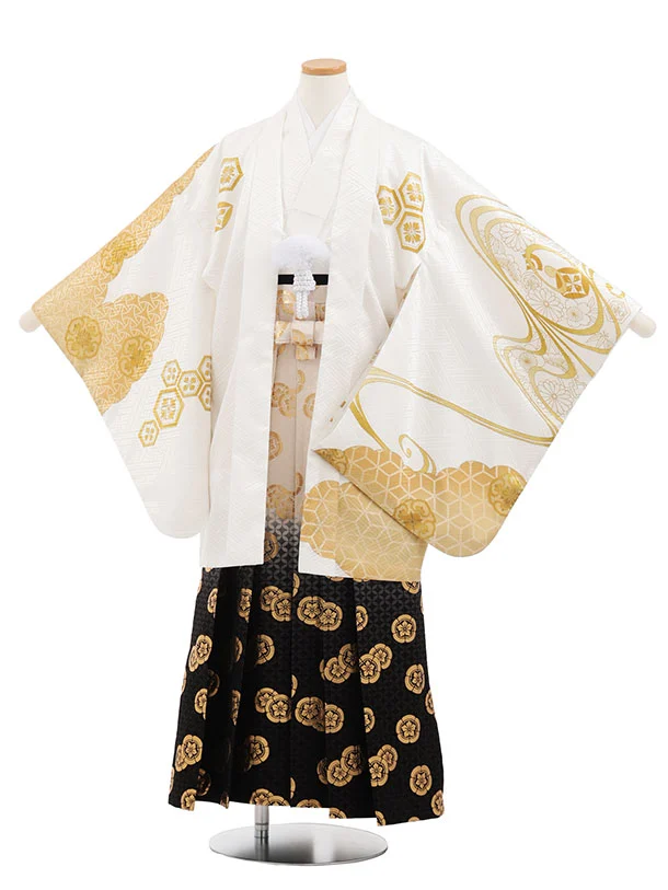 小学生男児袴ﾚﾝﾀﾙZ892  白ゴールド流水×白黒ぼかし