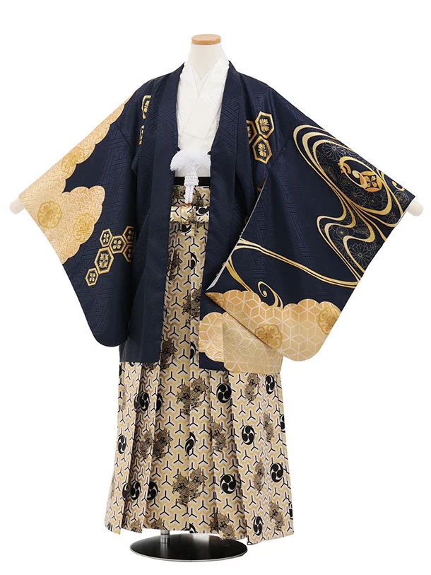 小学生男児袴ﾚﾝﾀﾙZ893  紺ゴールド流水×白ゴールド
