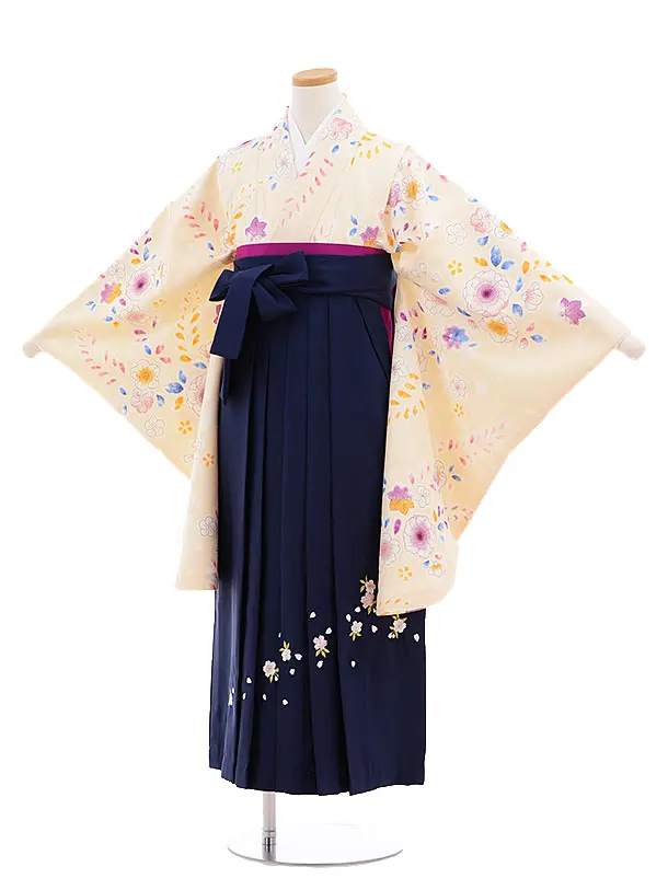 小学校卒業式袴レンタル（女の子）9683ｸﾘｰﾑ色花藤×紺袴 | 着物