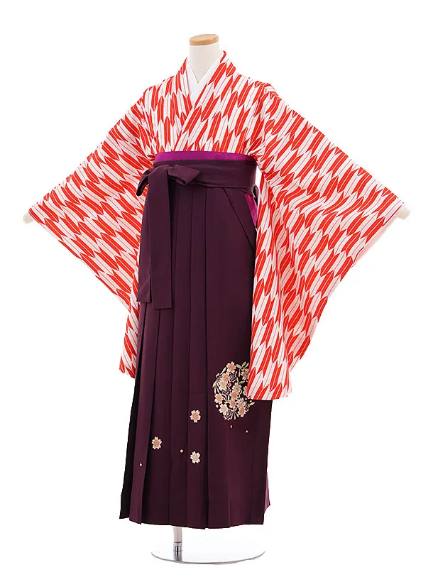 小学校卒業式袴レンタル（女の子）9694赤矢柄×紫袴 | 着物