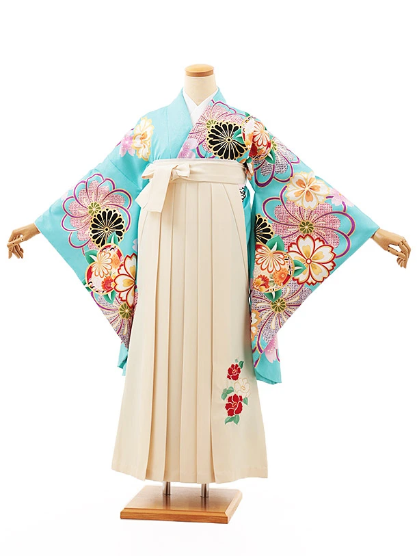 小学生卒業式略式袴(女の子) Z529 スカイブルー桜菊橘×クリーム