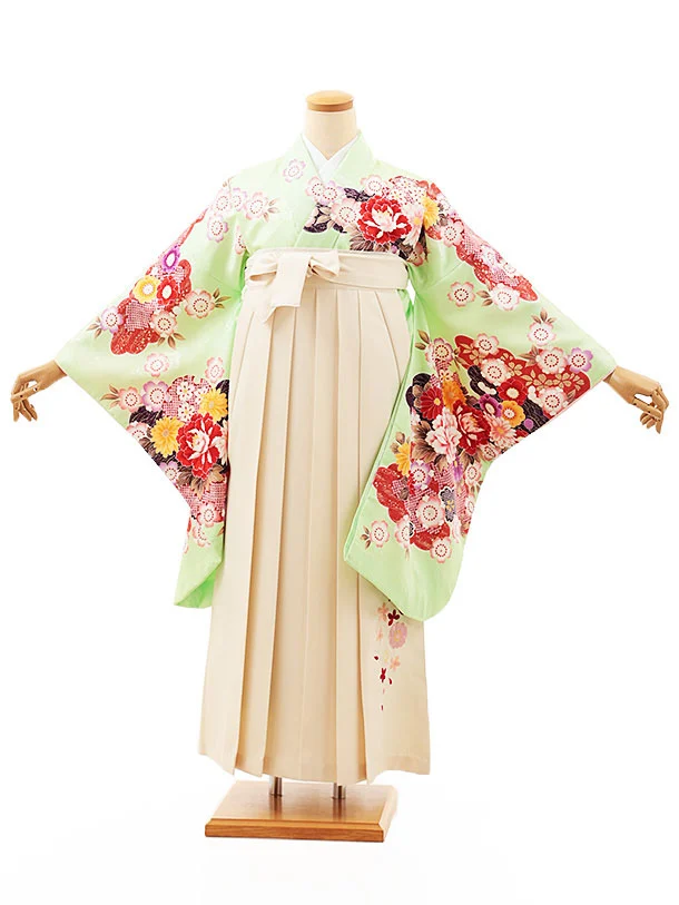 子供用袴 小学生卒業式略式袴(女の子) Z515 薄ヒワ色 吉祥文様×グリーン椿