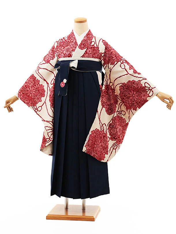 小学生卒業式袴(女の子) Z549 華徒然 クリーム薬玉疋田×紺