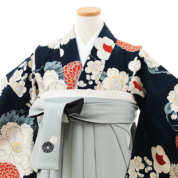 小学生卒業式袴(女の子) Z552 九重 紺丸乱菊に牡丹×グレー