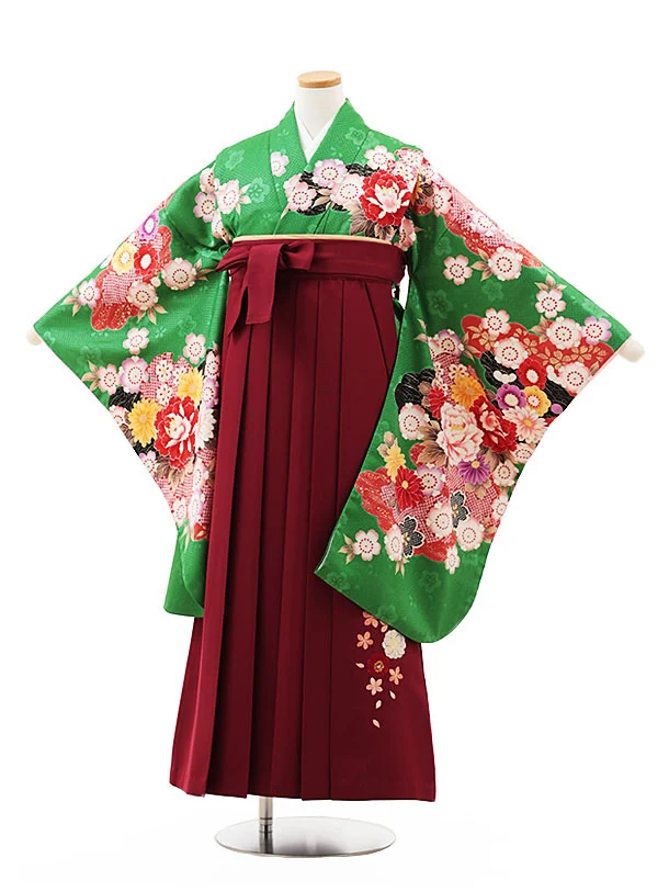 子供用袴 小学生卒業式略式袴(女の子) Z515 薄ヒワ色 吉祥文様×グリーン椿