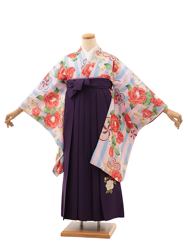 小学生卒業式略式袴(女の子) Z630 ピンクブルーストライプ椿×紫椿