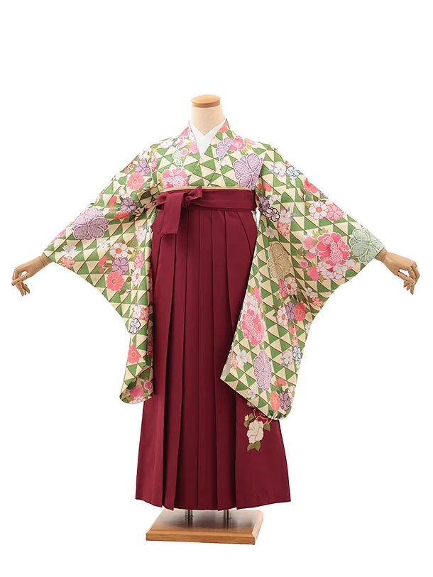 小学生卒業式略式袴(女の子) Z631 クリーム緑うろこ花×エンジ椿