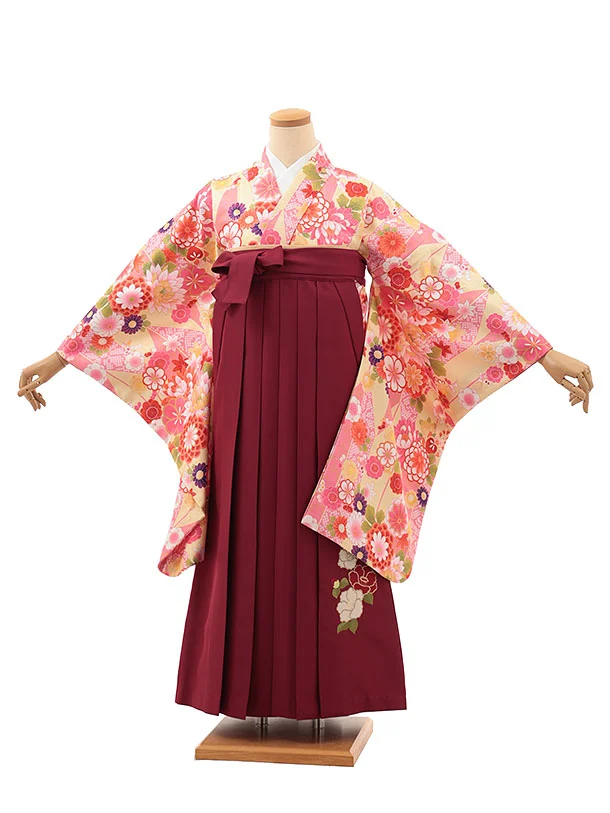 小学生卒業式略式袴(女の子) Z632 ピンクイエロー花×エンジ椿