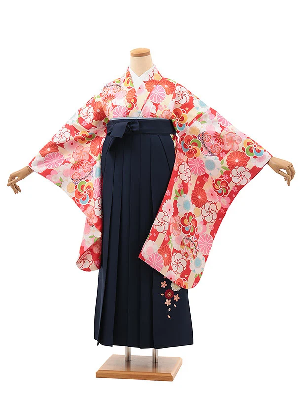 小学生卒業式略式袴(女の子) Z637 クリーム赤ストライプ鞠花×紺桜