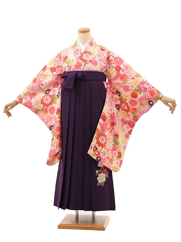 小学生卒業式略式袴(女の子) Z638 ピンクイエロー花×紫椿