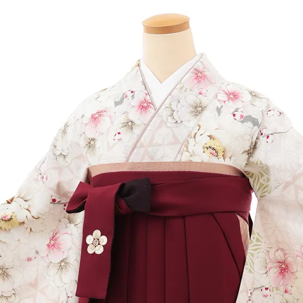 小学生卒業式袴(女の子)Z658 JAPAN STYLE オフ白花×ボルドー