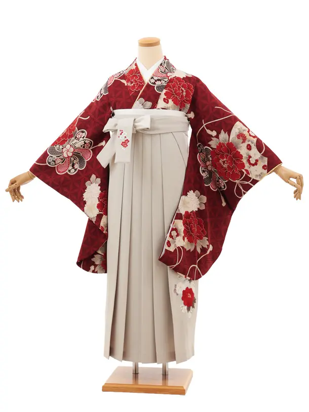 小学生卒業式袴(女の子)Z662 九重 エンジ扇牡丹×ベージュ