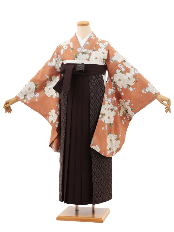 小学生袴(女の子)Z664 Heather アプリコット牡丹×ブラウンレース