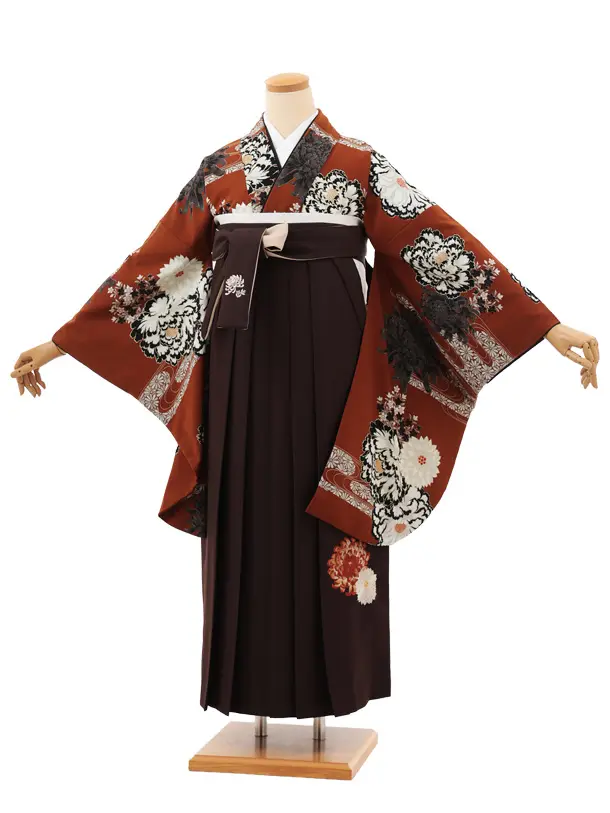 小学生卒業式袴(女の子)Z669 紅一点 金茶菊牡丹×ブラウン