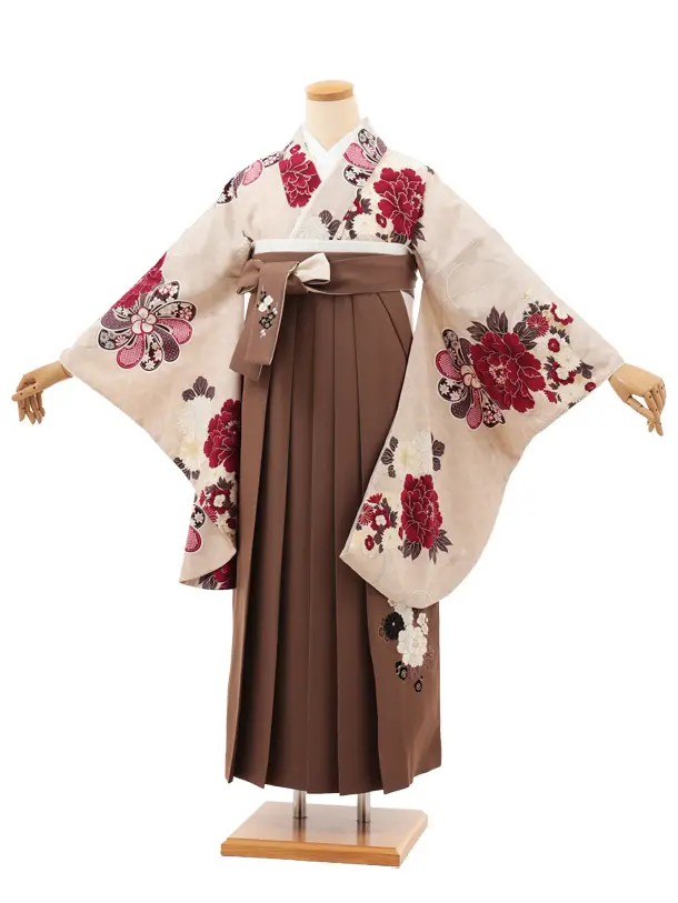 小学生卒業式袴(女の子) Z675 九重 ベージュ牡丹×モカブラウン