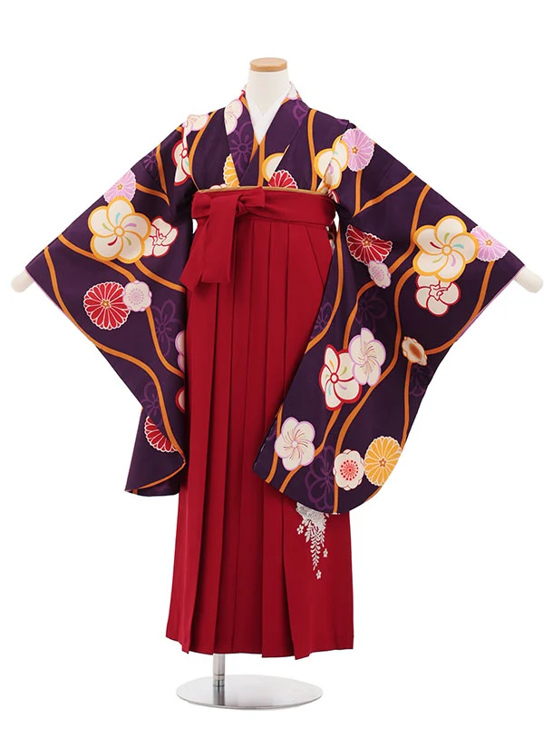 小学生卒業式かんたん袴(女の子) Z826 パープル立桶梅桜菊×エンジ