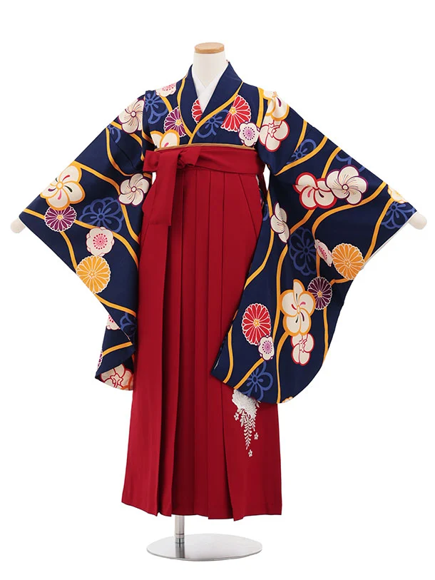 小学生卒業式かんたん袴(女の子) Z827 紺地立枠梅桜菊×エンジ
