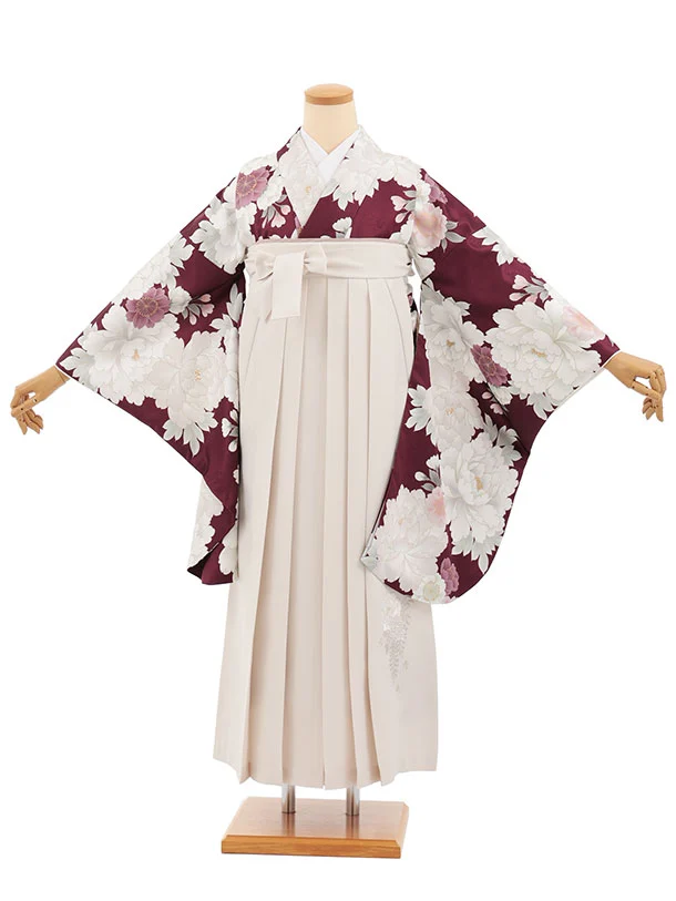 小学生卒業式かんたん袴(女の子) Z832 ボルドー牡丹×アイボリー