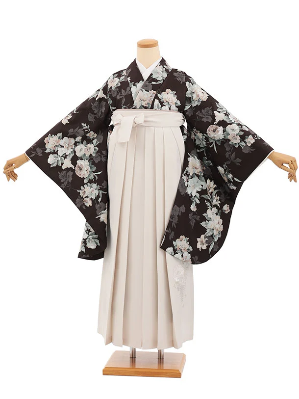 小学生卒業式かんたん袴(女の子) Z833 ブラウンパステル花×アイボリー