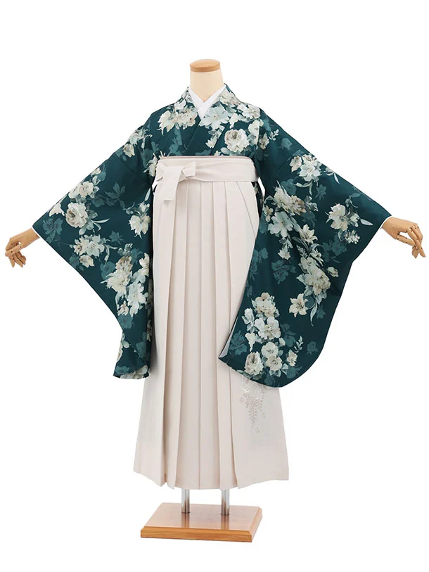 小学生卒業式かんたん袴(女の子) Z836 グリーンパステル花×アイボリー