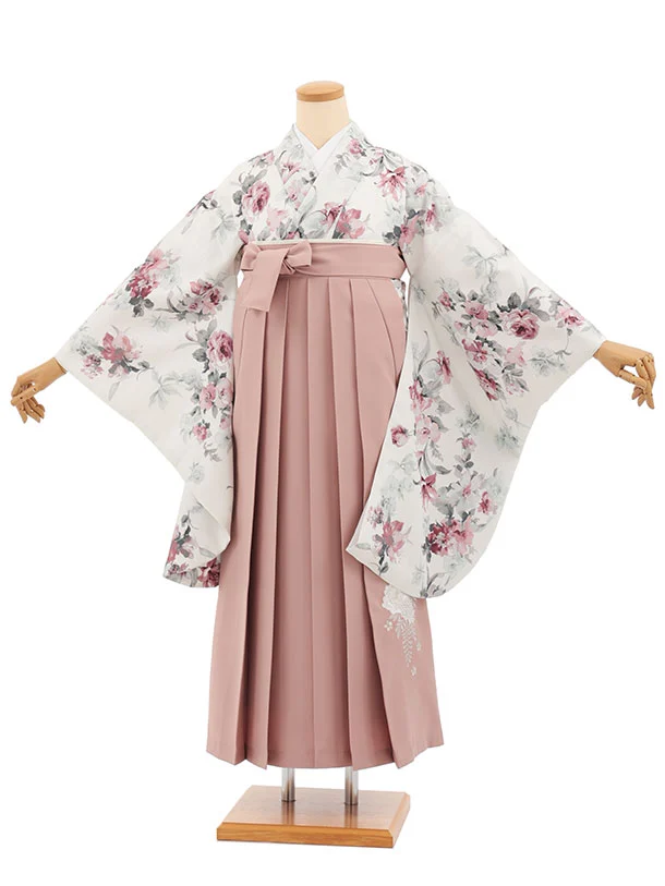 小学生卒業式かんたん袴(女の子) Z838 オフホワイトパステル花×モーヴピンク