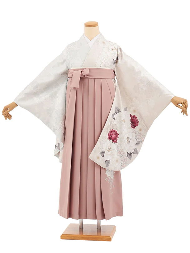 小学生かんたん袴(女の子) Z839 薄ベージュグレー染め分け花×モーヴピンク