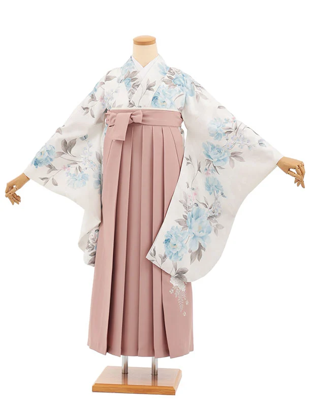 小学生卒業式かんたん袴(女の子) Z841 薄ベージュパステル牡丹×モーヴピンク