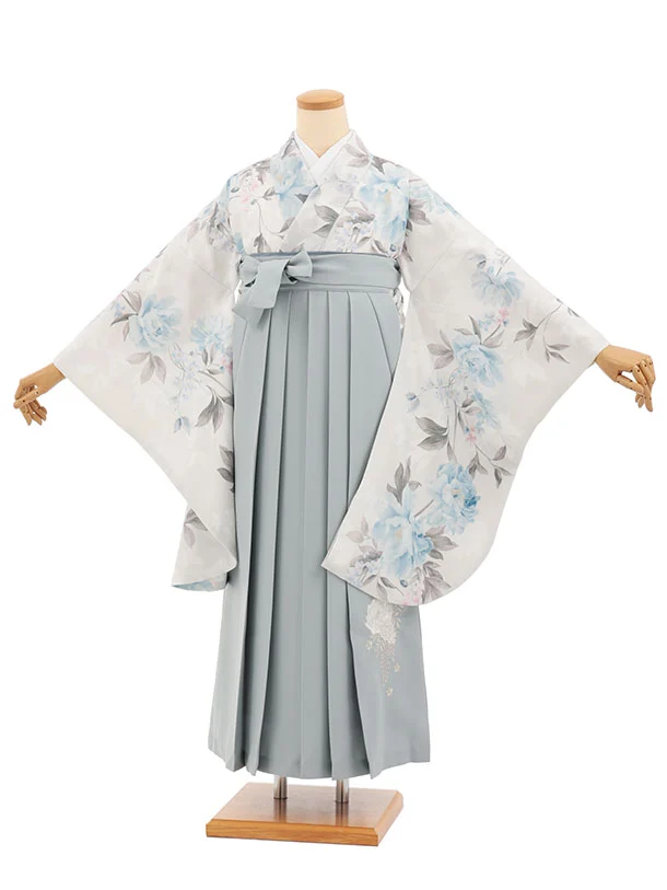 小学生卒業式かんたん袴(女の子) Z843 薄ベージュパステル牡丹×薄グレー