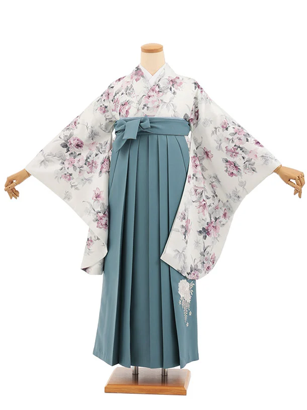 小学生卒業式かんたん袴(女の子) Z844 オフホワイトパステル花×ブルーグレー