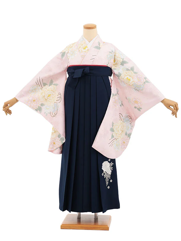 小学生卒業式かんたん袴(女の子) Z850 ピンクブーケ×紺