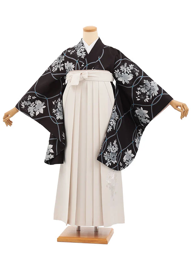 小学生卒業式かんたん袴(女の子) Z854 黒立桶に花×アイボリー