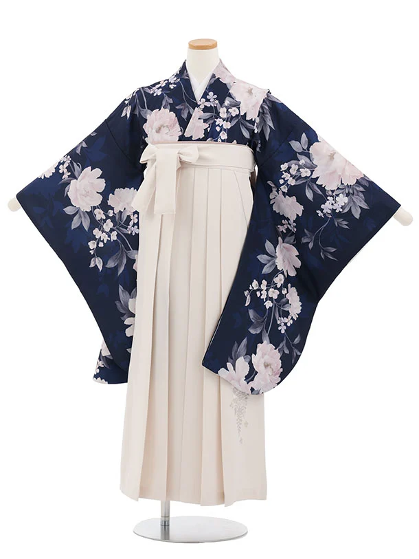 小学生卒業式かんたん袴(女の子) Z860 紺パステル花×アイボリー